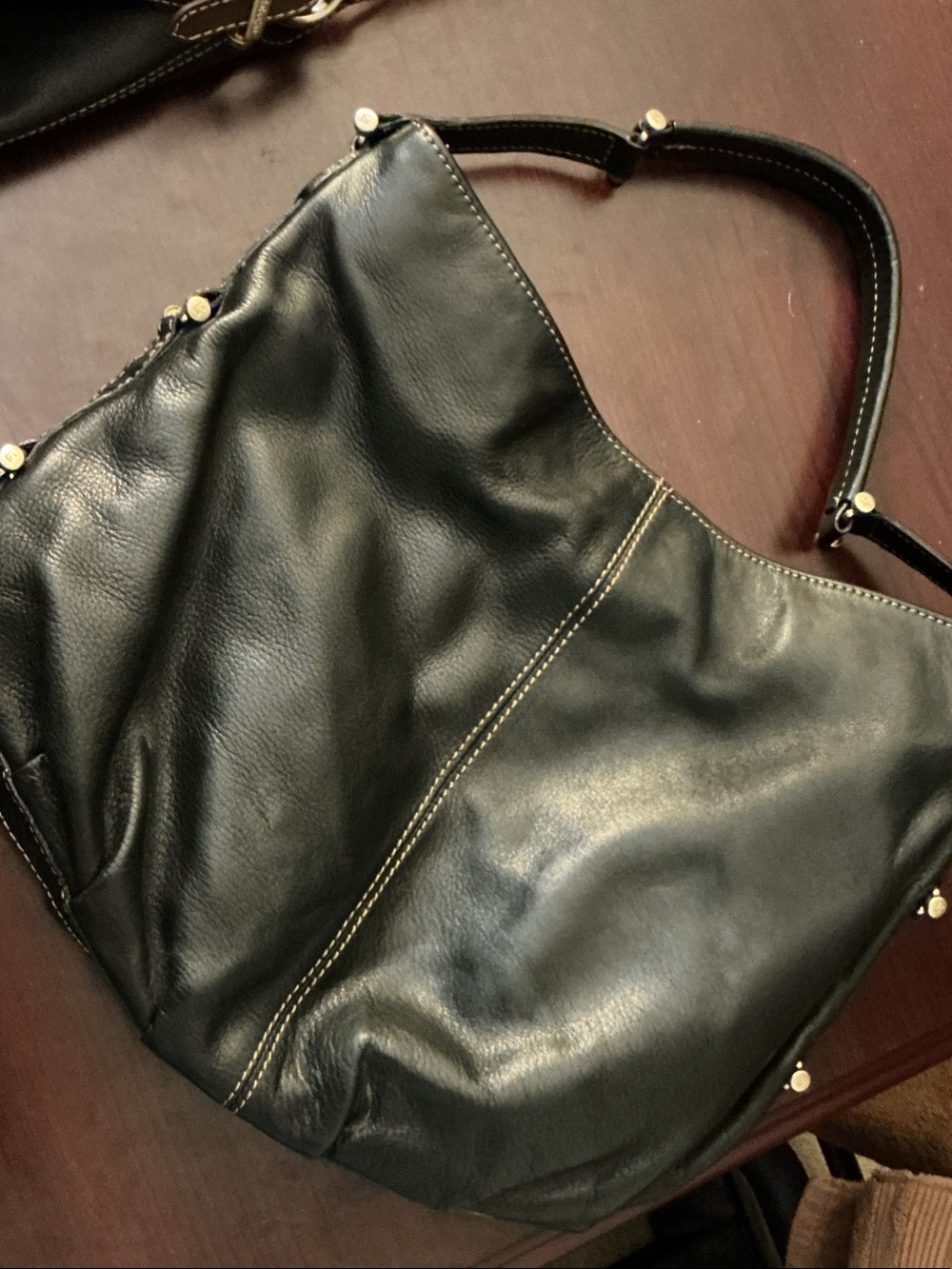 Liz Claiborne Black Leather Shoulder Bag with Gold-Tone Accents